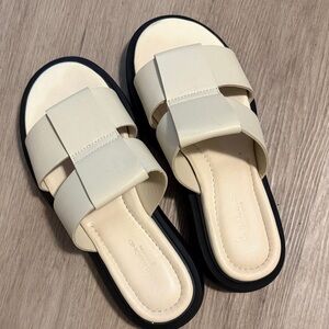 Cream Wide-Strap Slide Sandals with Black Sole
